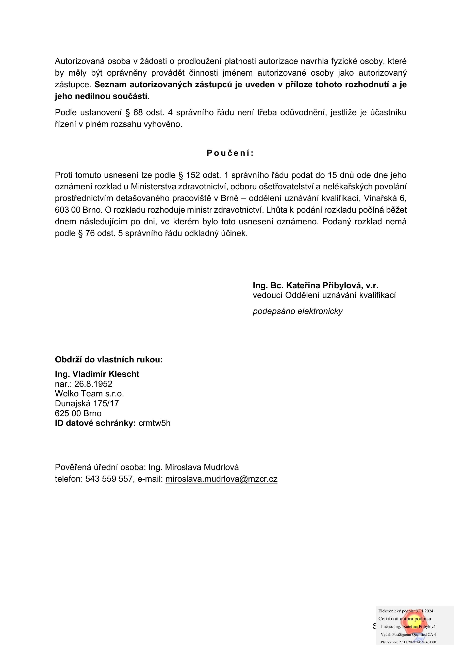 Rozhodnutí MZd ČR — prodloužení autorizace č. 147 (26. ledna 2024, platnost 5 let) — strana 2