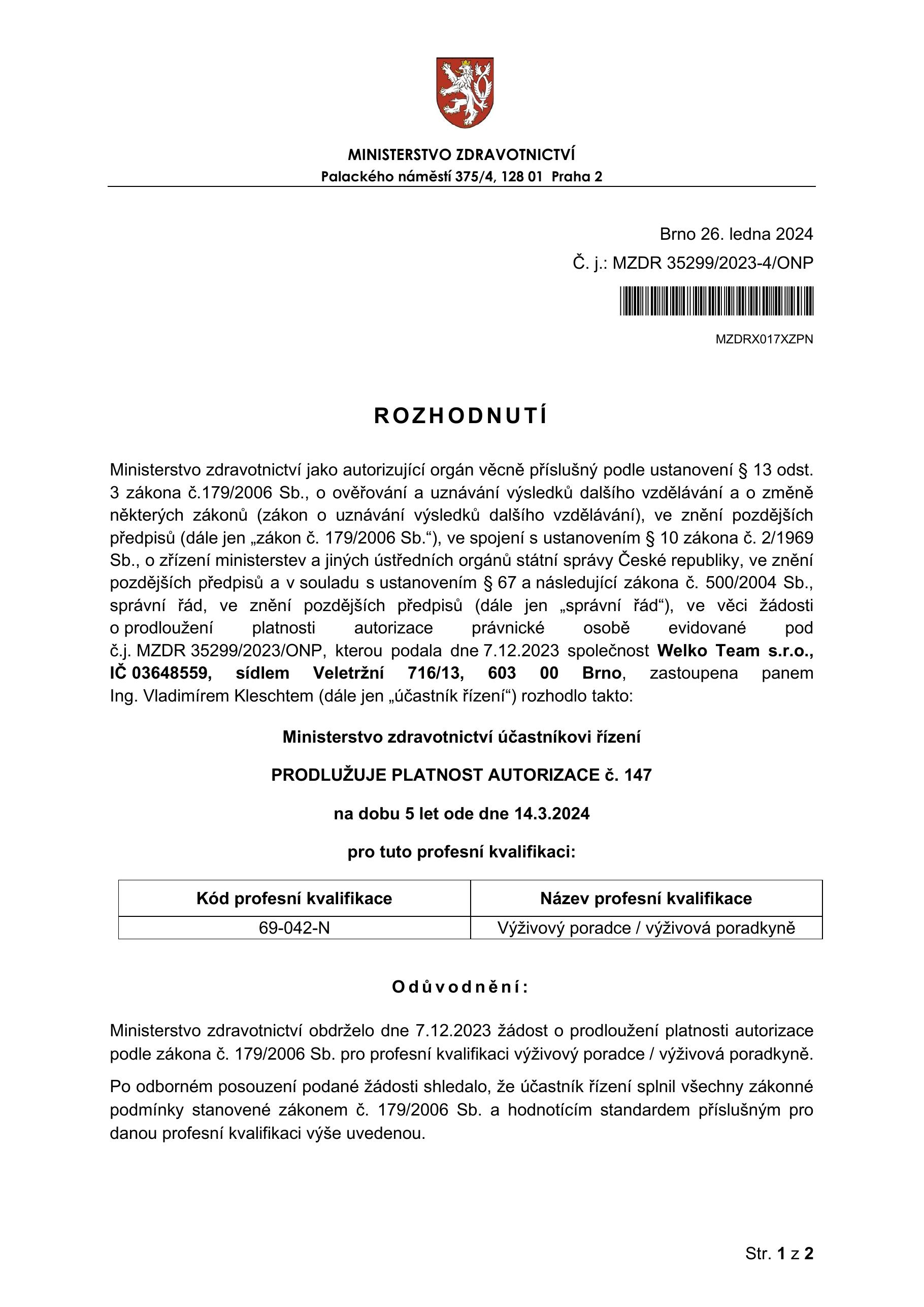 Rozhodnutí MZd ČR — prodloužení autorizace č. 147 (26. ledna 2024, platnost 5 let)